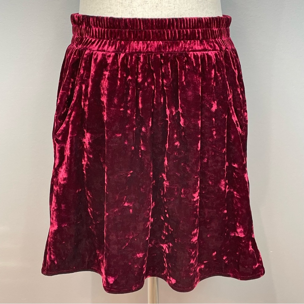 Burgundy Velvet Skater Circle Mini Skirt by Joe Fresh Size S Side Pockets Goth